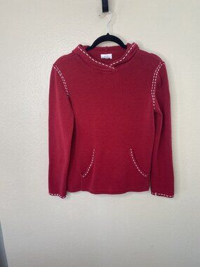 Ann Taylor Loft Red Knit Hoodie White Stitch Trim Kangaroo Pocket Womens Large